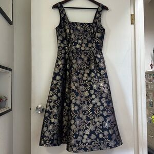 Francesca's Womens Large Blue Gold Floral Metallic Dress Gown A-Line Size S